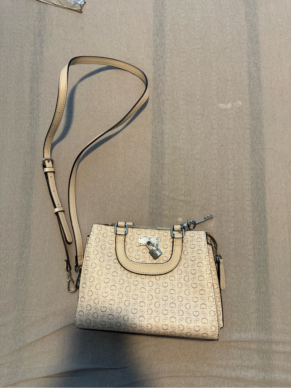 Guess Beige Monogram Crossbody with Lock Charm